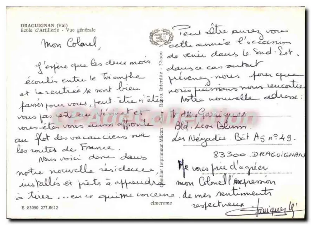Draguignan (Var) — Escola de Artilharia — Vista geral — Editor: Impressor Mâcon - Verso