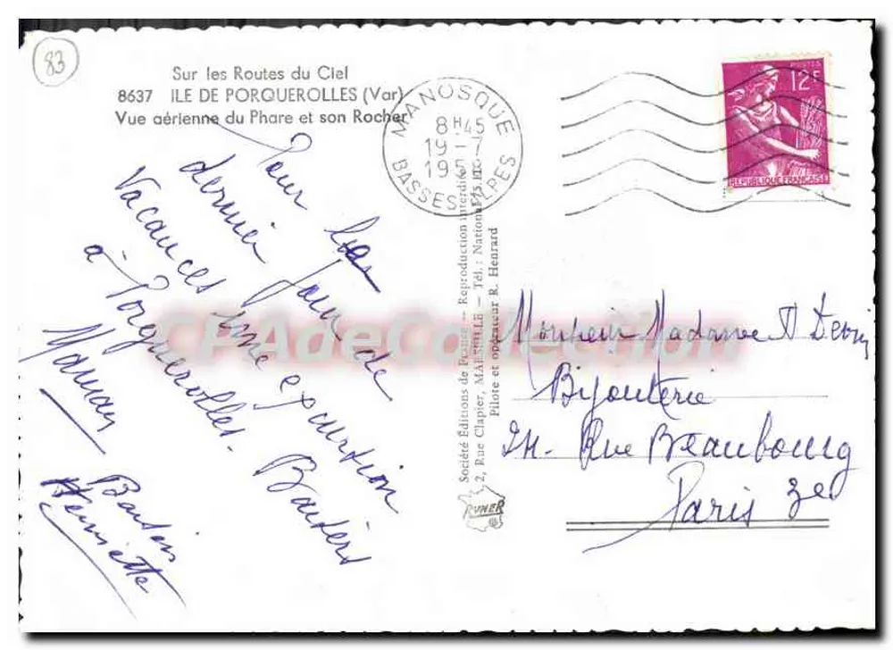 Leuchtturm und Felsen von Porquerolles — Luftbild — Éditions de France, n°83 - Rückseite