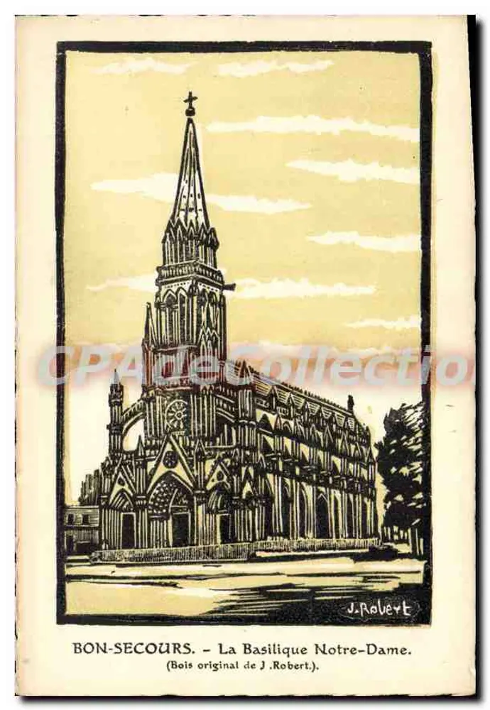 Bon-Secours — Basilika Notre-Dame — Original Holzschnitt von J. Robert - Vorderseite