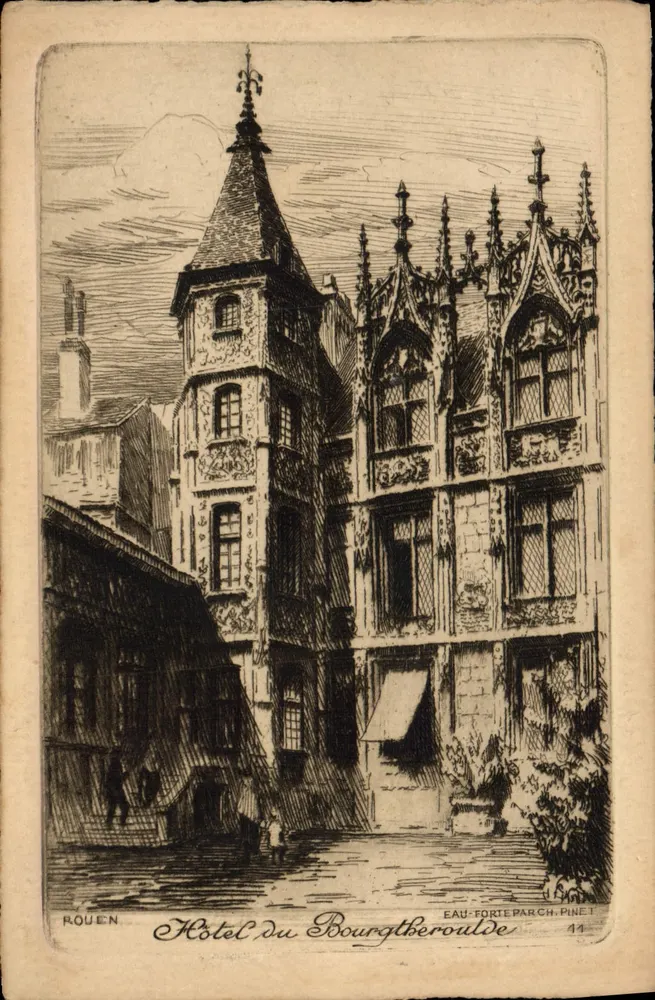Rouen — Hôtel du Bourgtheroulde — Eau-forte par Ch. Pinet, n° 14 - Frente