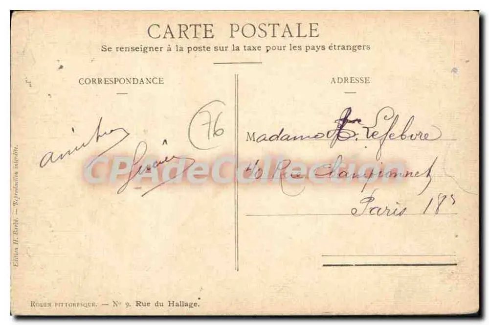 Vista de rua em Paris — editor H. Stark, N° 9 Rue du Hallage - Verso
