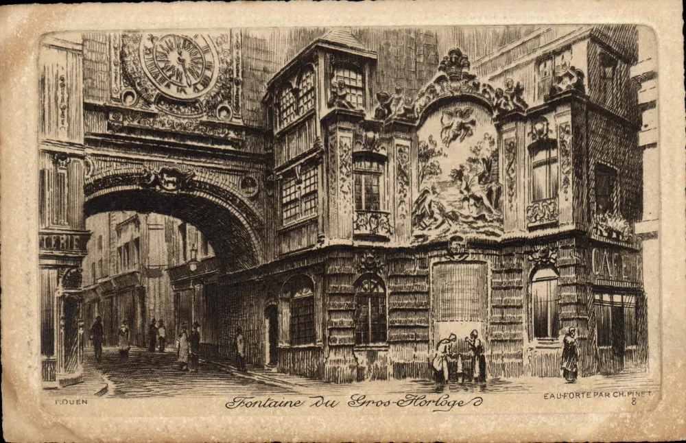 Fontaine Du Gros Horloge — Rouen — Kupferstich von Ch. Pinet, n°8 - Vorderseite