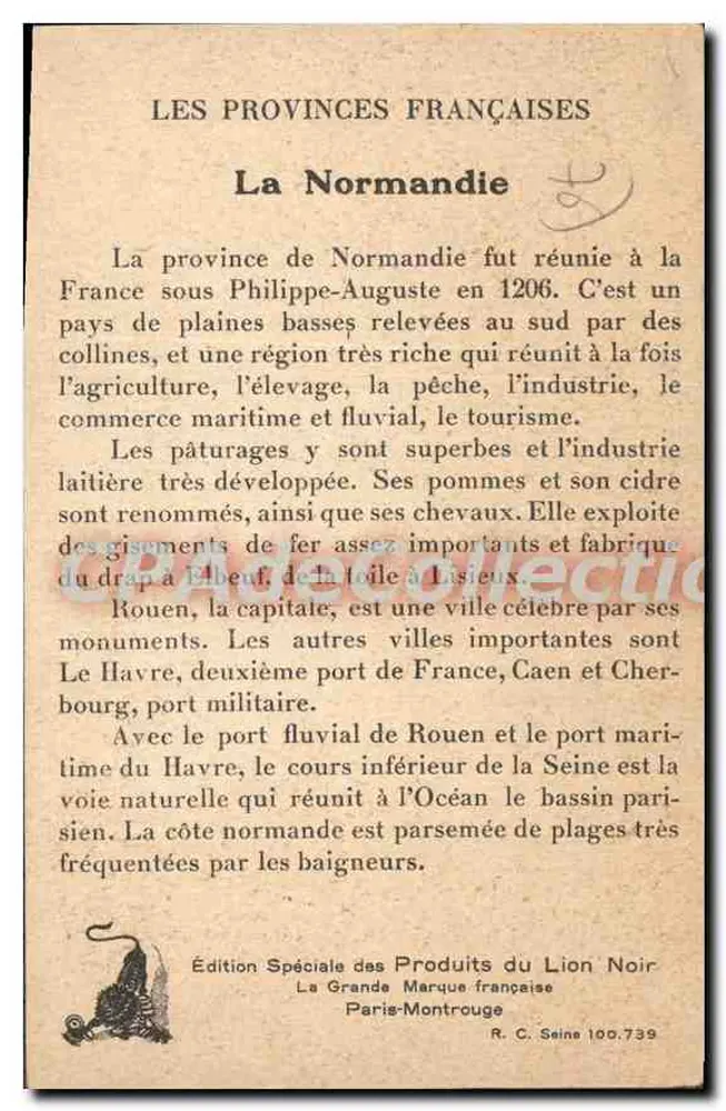 Normandie — Die französischen Provinzen — Sonderausgabe der Produkte des Schwarzen Löwen - Rückseite