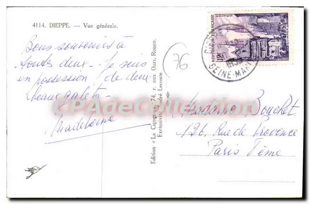 Dieppe — Vista geral — Edição La Cigogne, André Leconte, n°4114 - Verso