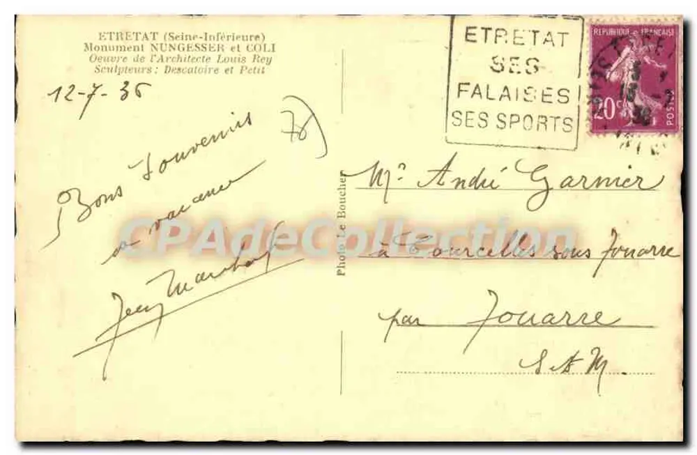 Denkmal Nungesser und Coli — Étretat (Seine-Inférieure) — Photo Le Bouchier - Rückseite