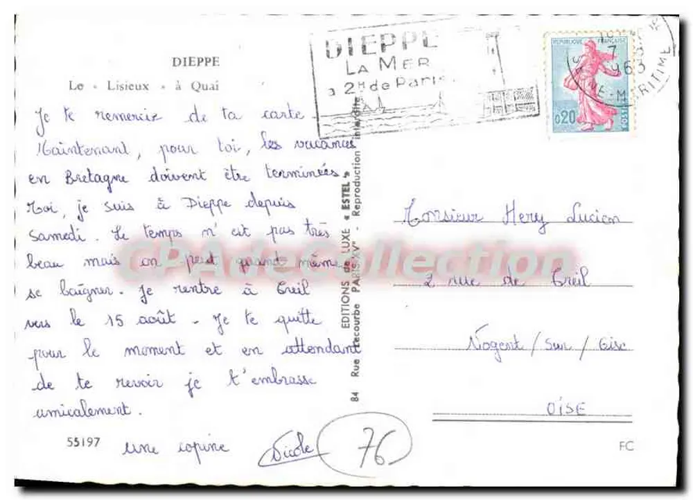 Porto de Dieppe — O navio de passageiros Libreux — Editor Estel, n° 55197 - Verso