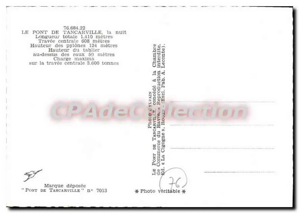 Ponte de Tancarville — noite — Foto Struan, edição La Cigogne n°7013 - Verso