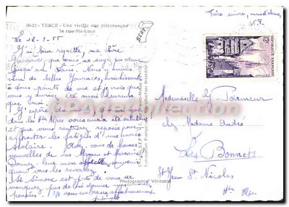 Vence — Eine pittoreske alte Straße — die Straße Ste-Luce — Vintage Postcard/Antike Ansichtskarte - Rückseite