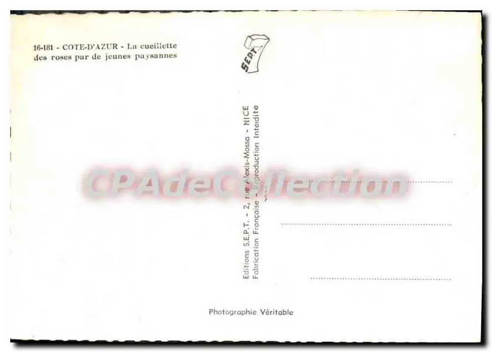 Côte-d'Azur — Rosenpflücken durch junge Bauernfrauen — Editions S.E.P.T. - 2, rue Alexis-Mossa - NICE - Rückseite