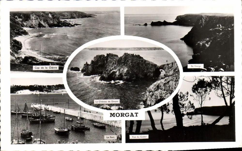 Morgat — Blick auf Schloss Dinant, Hafen, Cap de la Chèvre, Insel Vierge — Éditions Gaby, Nantes - Vorderseite