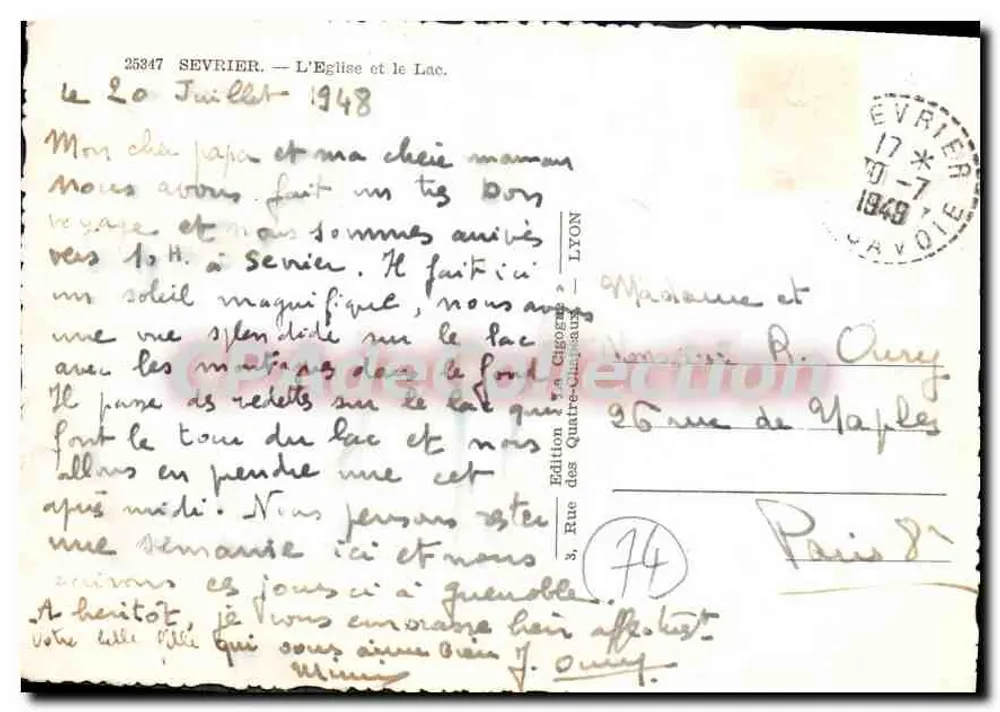 Sevrier — A Igreja e o Lago — Edição dos Quatro-Champs, Lyon - Verso