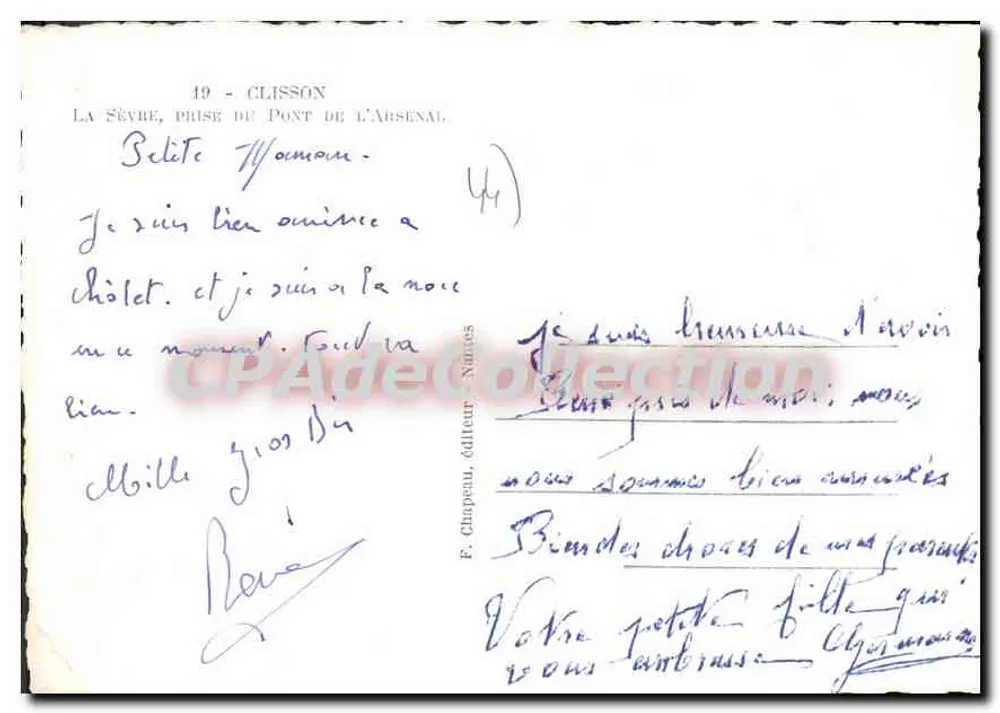 A Sèvre, vista do Ponte do Arsenal — Clisson — editor F. Chapeau, n°49 - Verso