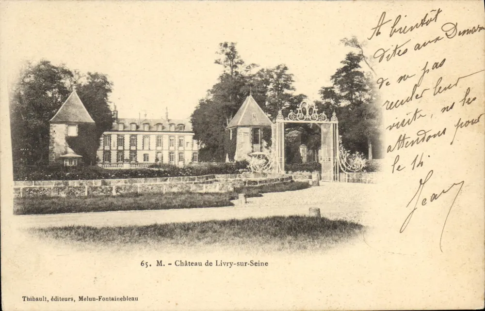 Castelo de Livry-sur-Seine — vista do castelo e de seus jardins — Thibault, editores, Melun-Fontainebleau, n°65 - Frente