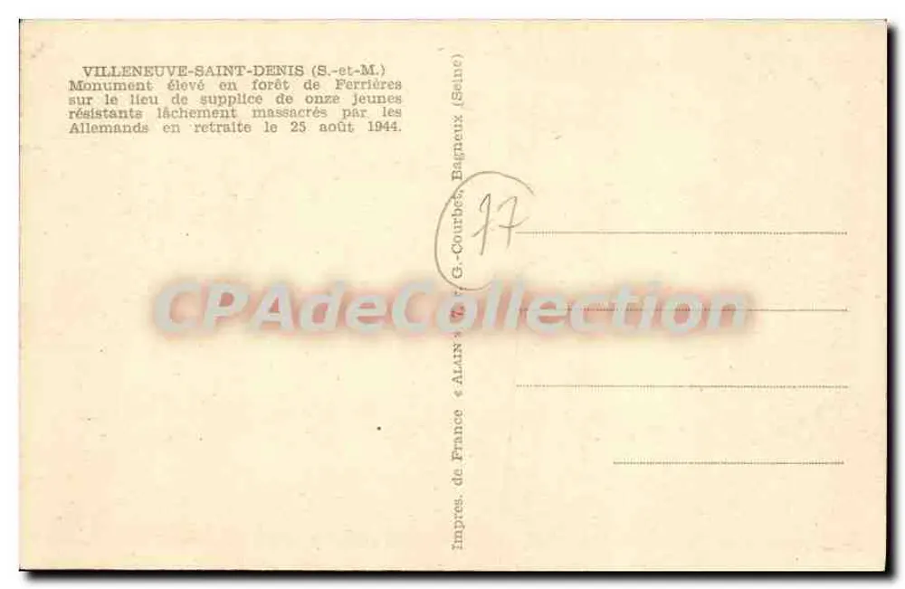 Villeneuve-Saint-Denis — Den jungen Widerstandskämpfern gewidmet — Imprimerie G. Courbes, Bagnères - Rückseite