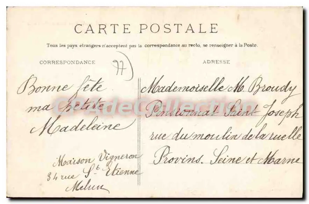 Melun — Rua de Vaux — Coleção das Cartas Antigas - Verso