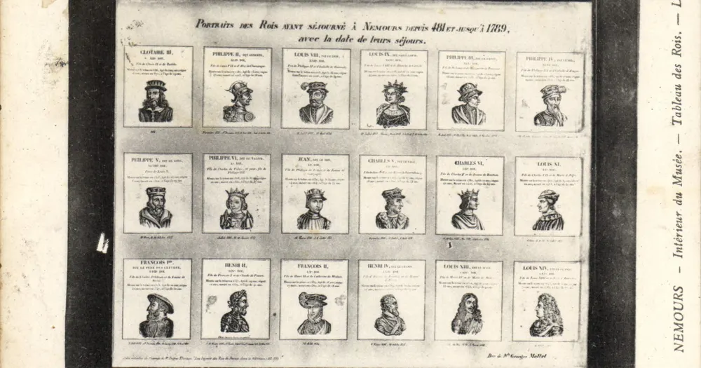 Portrety królów, którzy przebywali w Nemours od 481 do 1769 — Tablica z Muzeum — Nemours - Awers