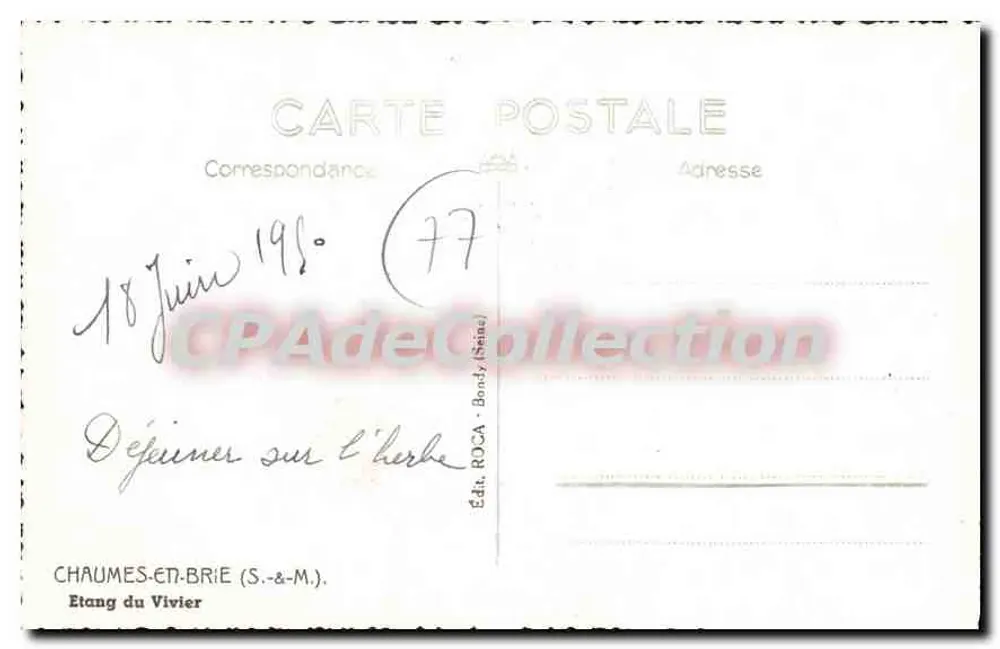 Étang du Vivier — Chaumes-en-Brie — Verlag ROCA (Bodily, Seine-et-Marne) n°77 - Rückseite