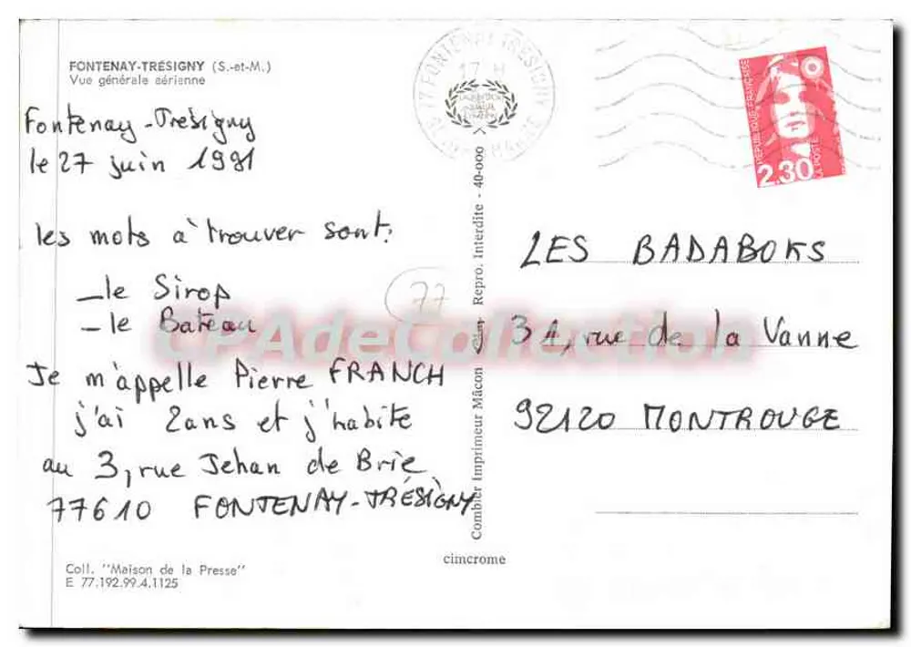 Fontenay-Tresigny — Luftbild — Edition Cima - Rückseite