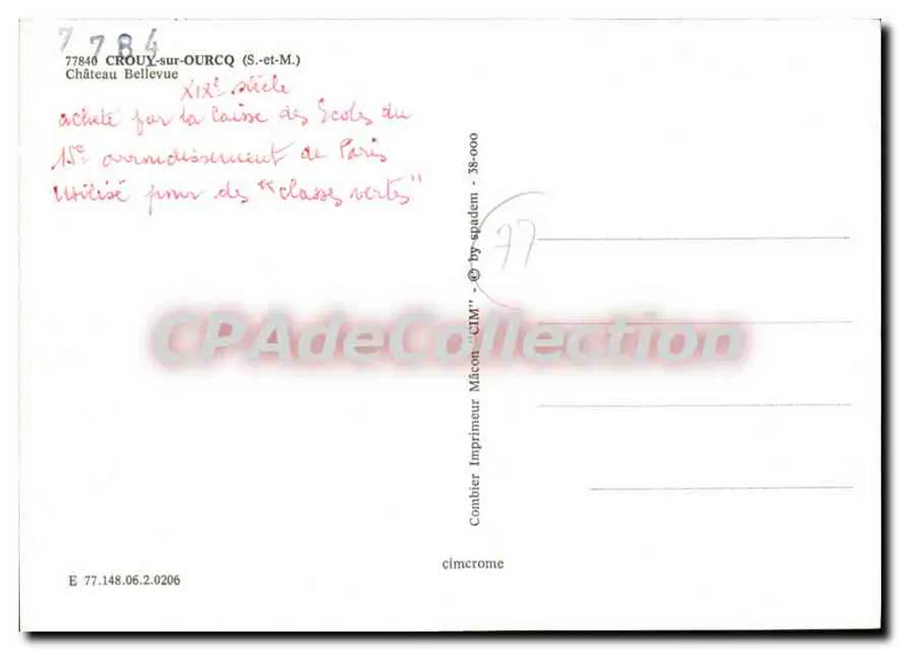 Château Bellevue — Crouy-sur-Ouercq — Impressor Combier - Verso