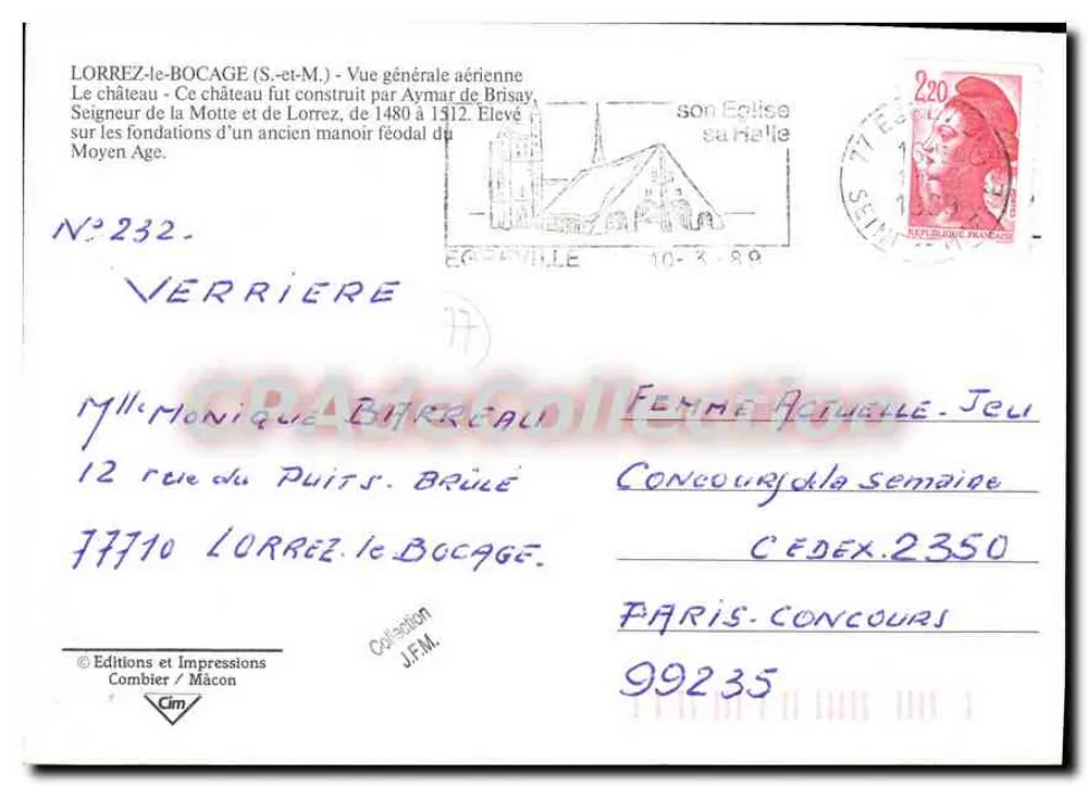 LORREZ-LE-BOCAGE — Luftbild des Schlosses — Éditions et Impressions Combier / Mâcon, Nr. 232 - Rückseite