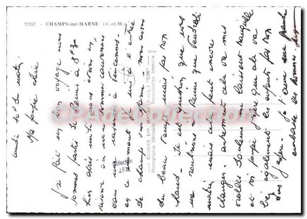 Champs-sur-Marne — vista aérea, castelo, jardins e rio — editor desconhecido, n° 77187 - Verso