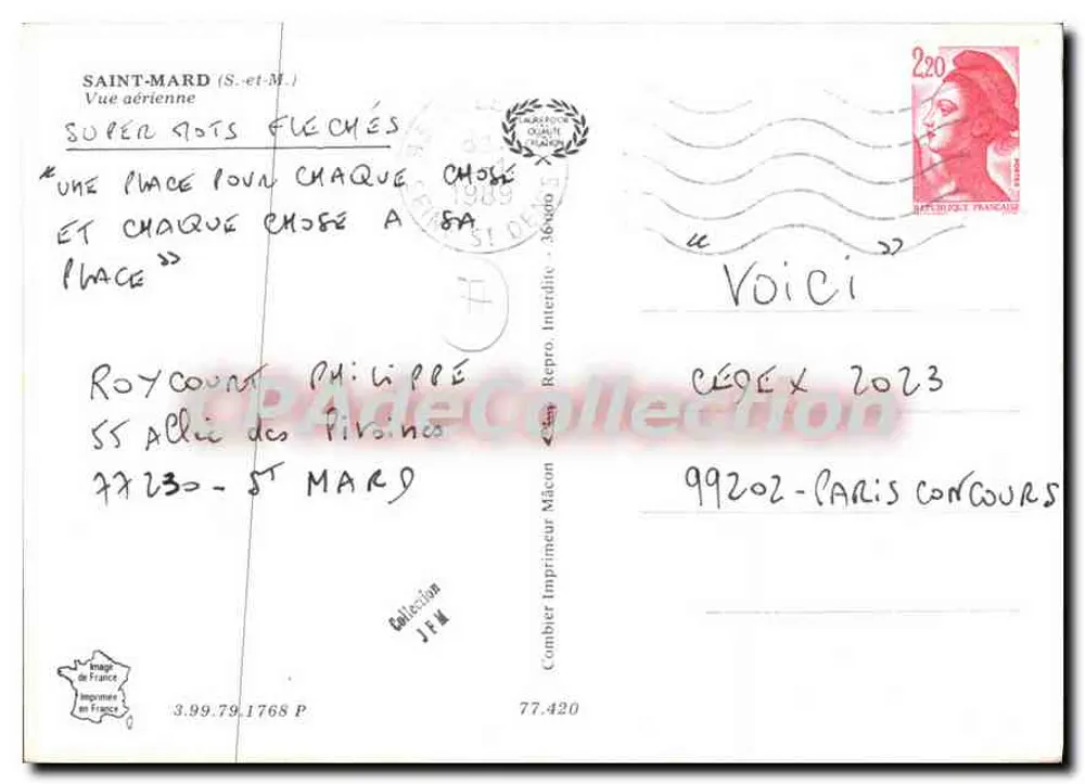 Saint-Mard — vue aérienne encadrée de rouleaux et cachet de ville — Imprimeur Combefet - Verso