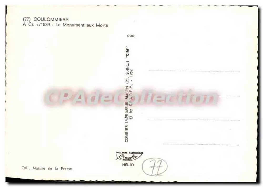Coulommiers — Gedenkstein für die Toten — Drucker Macon (71) S.&L. - 1989 - Rückseite