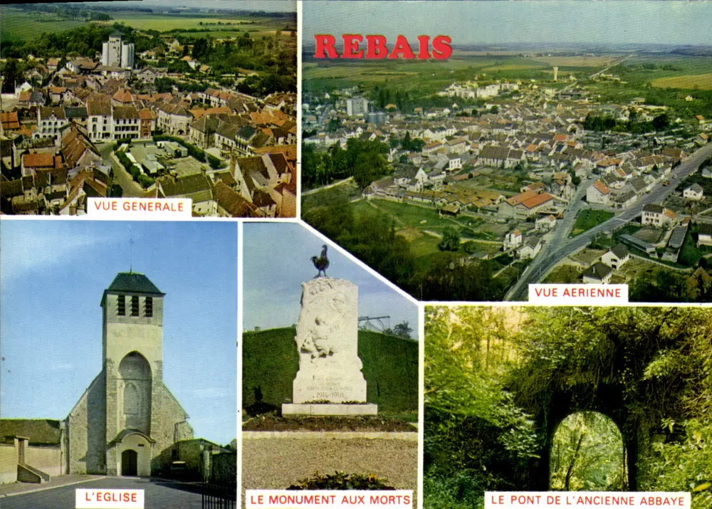 Rebaïs — Vista geral, vista aérea, a igreja, o monumento aos mortos, o ponte da antiga abadia — Combiner Imprimeur - Frente