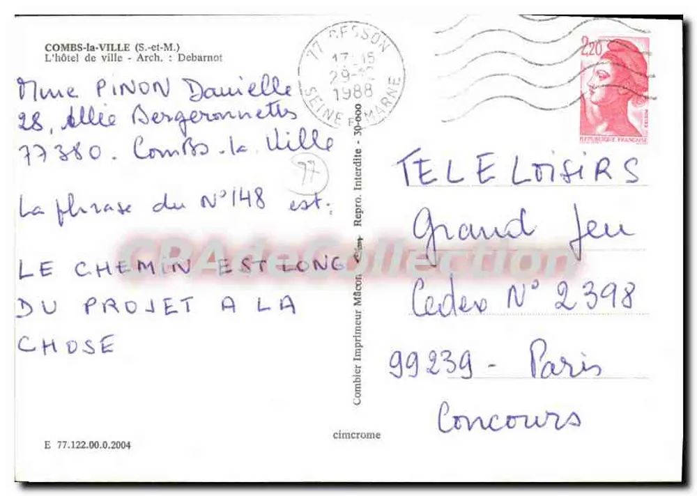 Rathaus von Combs-la-Ville — Verlag Cimq, Seriennummer E 77.122.0.2004 - Rückseite