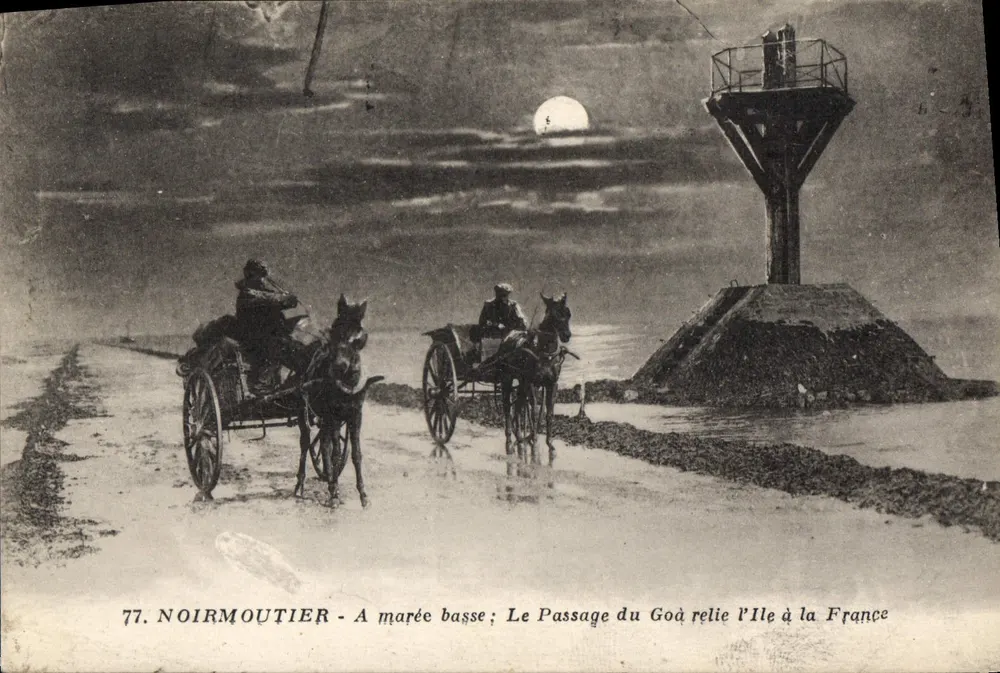 Noirmoutier - À maré baixa; O Passage du Goà liga a Ilha à França — J. Nozaïs, editora 18, rue de Colegh, Anxes - Frente
