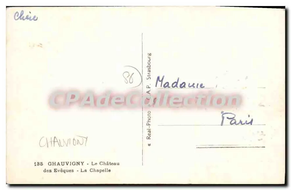 Ghauvigny — O Castelo dos Bispos — A Capela — editor C.A.P. Strasbourg, n° 135 - Verso