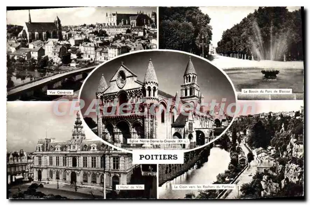 Poitiers — Vista geral, Igreja de Nossa Senhora da Grande, Palácio de Ville, Lago do Parque de Blossac, Le Clain em direção aos Rochers du Porteau — Editores ARTAUD Frères et Fils, Nantes - Frente