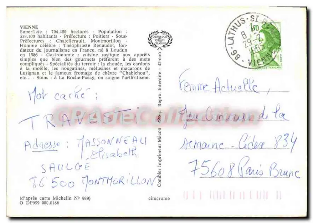 Vienne - Touristische Postkarte mit Karte und Fotos von Sehenswürdigkeiten — Verlag: Combière Drucker Mâcon - Rückseite