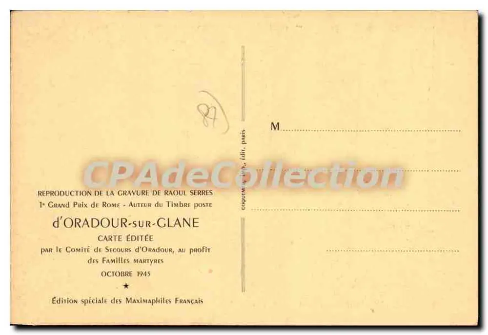 Oradour — Zerstörung am 10. Juni 1944 — Kupferstich von Raoul Serres, veröffentlicht vom Rettungskomitee von Oradour-sur-Glane - Rückseite