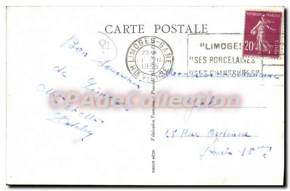 Limoges — O Hotel de Ville — Editor: Fabricação Francesa - Verso