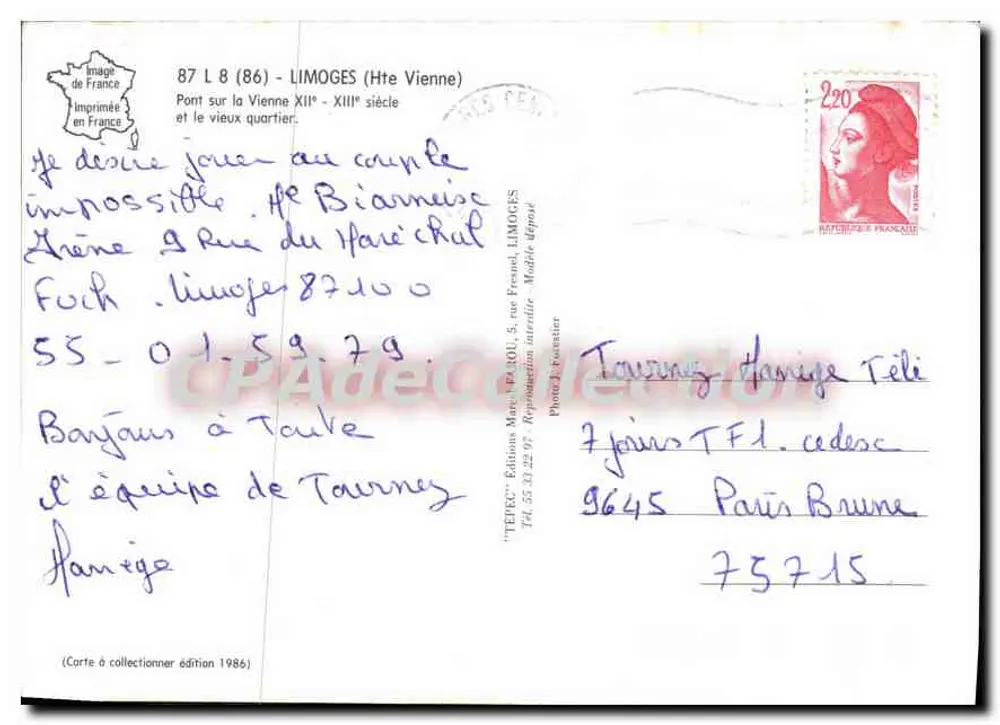 Limoges - Pont St Martial — Edition TEPEC, n° 87 L 8 (86) - Rückseite