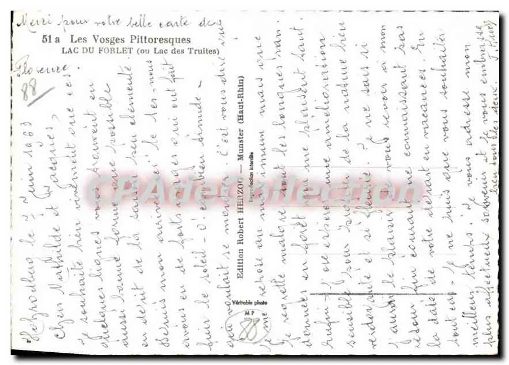 See Forlet (oder See der Forellen) — Die malerischen Vosgien — Ausgabe Robert HEI/ZOC — Nr. 51a - Rückseite