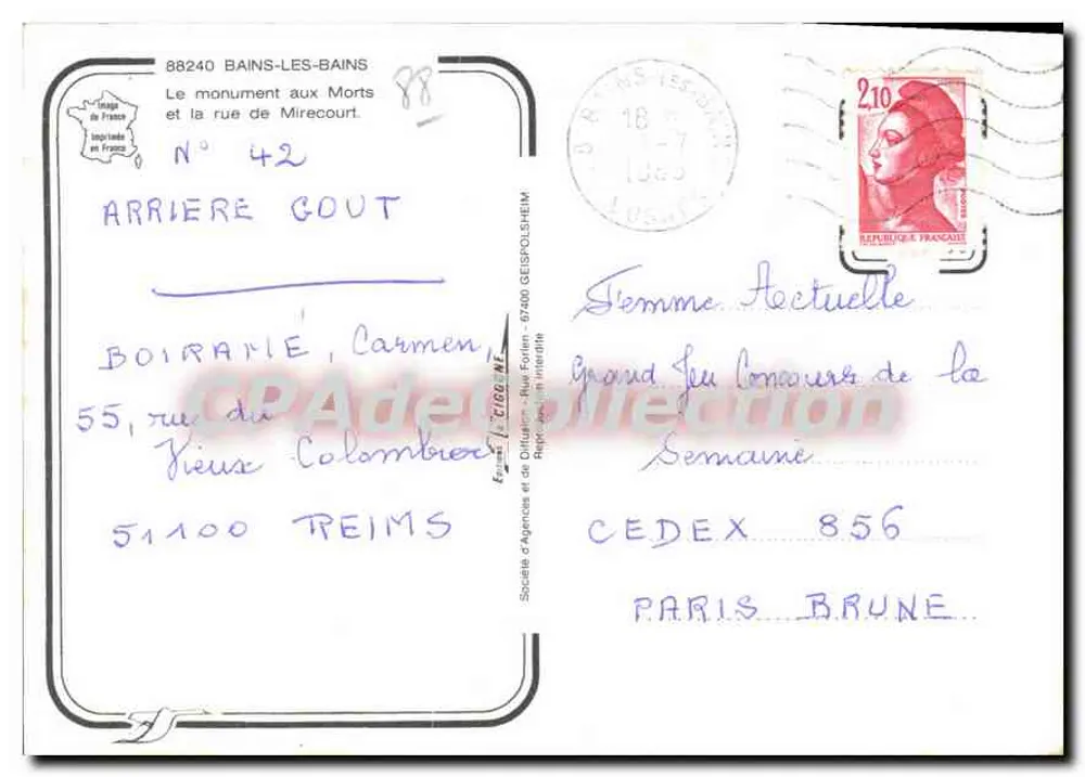 Bains-les-Bains — Denkmal für die Toten und Rue de Mirecourt — Antike Ansichtskarte Nr. 42 - Rückseite