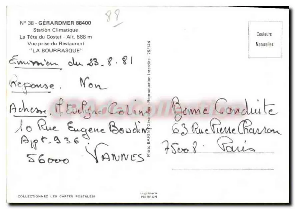 Gérardmer — Aussicht vom Restaurant 'La Bourrasque' — Klimastation, n°38, Pierron Druckerei - Rückseite