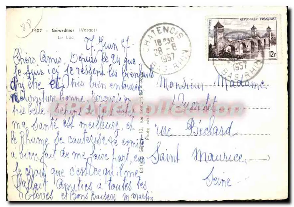 O Lago (Gérardmer, Vosges) — vista do lago com árvores e montanhas — editor G.P. n° 1407 - Verso