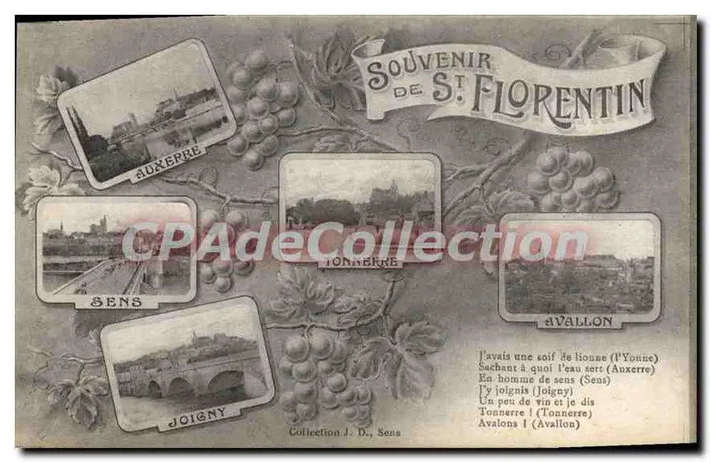 Lembrança de St Florentin — Coleção J. D., Sens — 5 vignettes de locais (Auxerre, Sens, Joigny, Tonnerre, Avallon) com poema - Frente