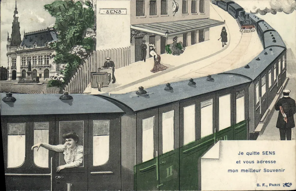 Sens — Bahnhof und Zug — B. F., Paris - Vorderseite