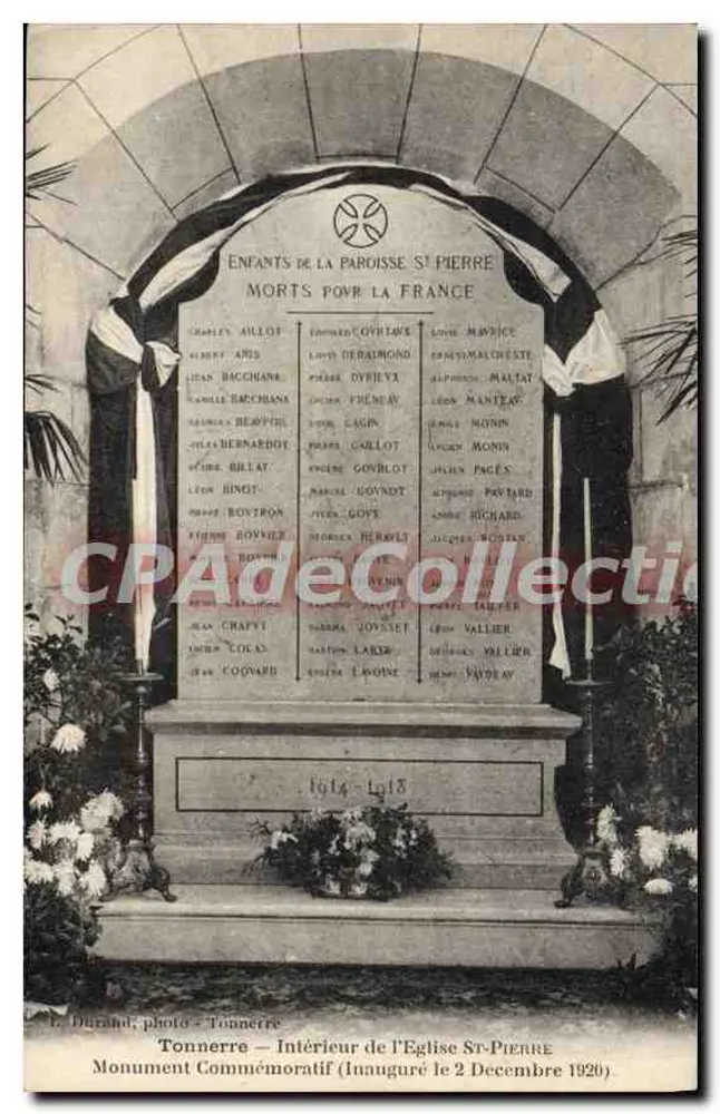 Tonnerre — Innenansicht der Kirche St-Pierre — Gedenktafel für Kinder der Paroisse, die für Frankreich fielen — L. Durand, Foto Tonnerre - Vorderseite
