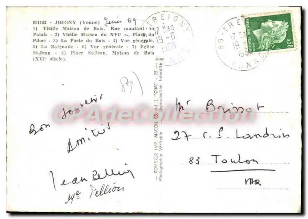 Joigny — Carte postale ilustrada com mapa e vistas — Editor CIM (S.A.) - Verso
