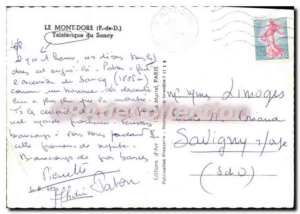 O Mont-Dore (P.-de-D.) — Teleférico do Sancy — Edições d'Art Martel, n° 4836 - Verso