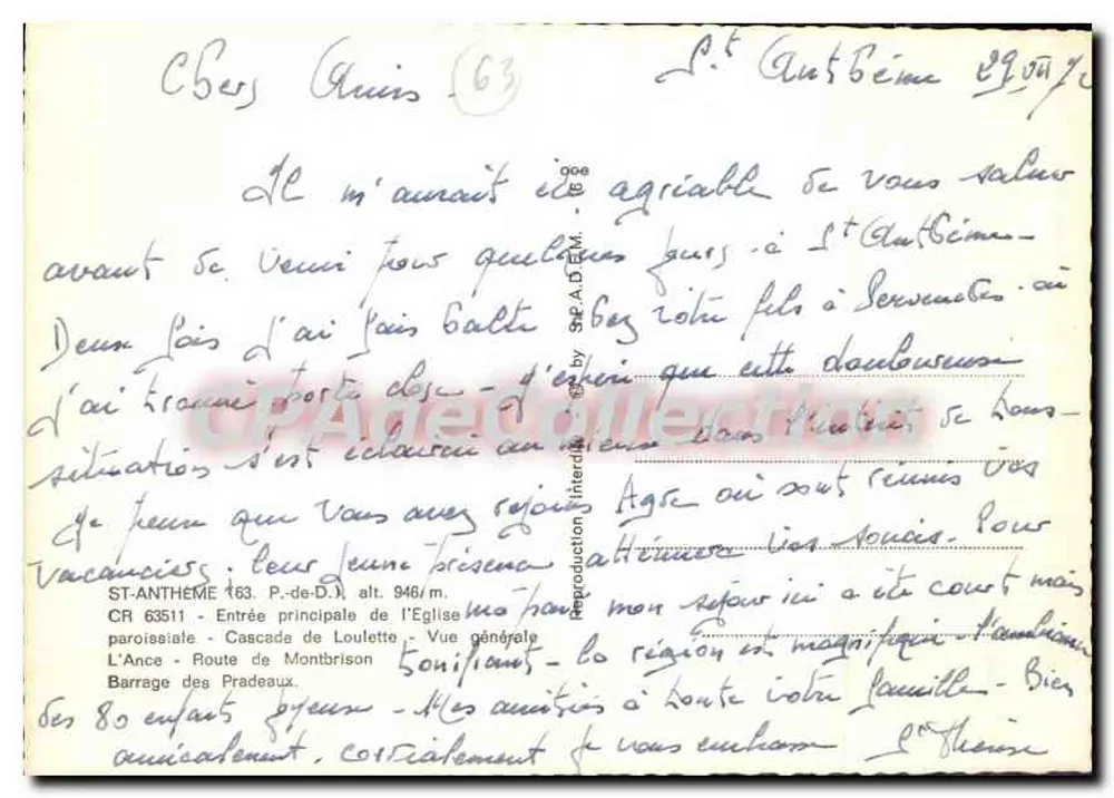 St-Anthème — Puy-de-Dôme — Auvergne — vista geral, igreja, cascata, barragem, carta postal - Verso