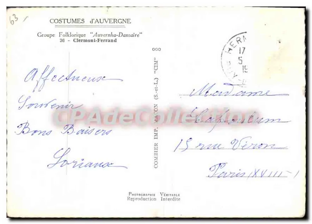 Kleidung aus Auvergne — Folklore-Gruppe "Auverna-Dansaire" — Clermont-Ferrand - Rückseite