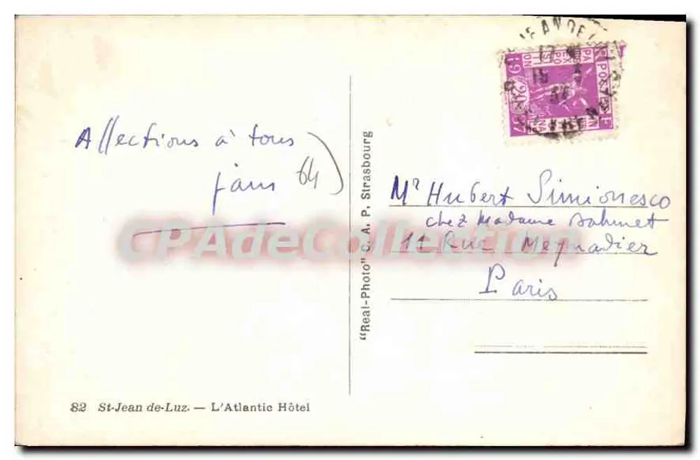 St-Jean-de-Luz — O Hotel Atlantic — editor C. A. P. Strasbourg, n°82 - Verso
