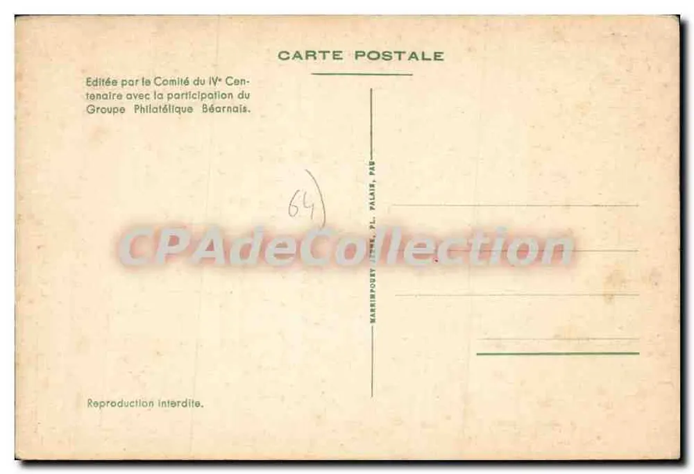 Pau — Quarto centenario della nascita di Enrico IV — 28 giugno 1953 — edita dal Comitato del Quarto Centenario con il Gruppo Filatelico Bearnese - Verso