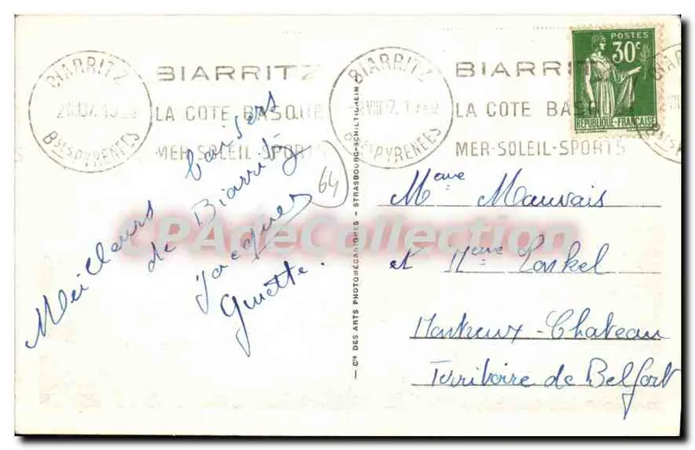 Biarritz - Le nouveau Casino Bellevue — Vintage Postcard/Antike Ansichtskarte n°246, Verlag Cie des Arts Photomécaniques - Rückseite